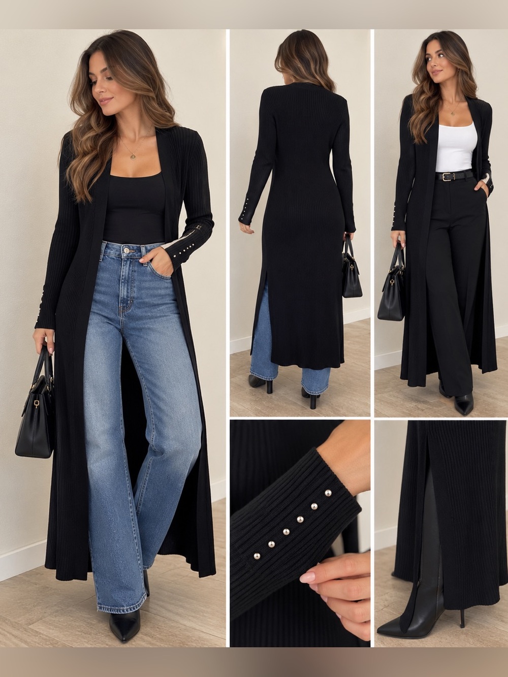 White House Black Market Black Ribbed Knit Long Cardigan Duster Wool Blend S